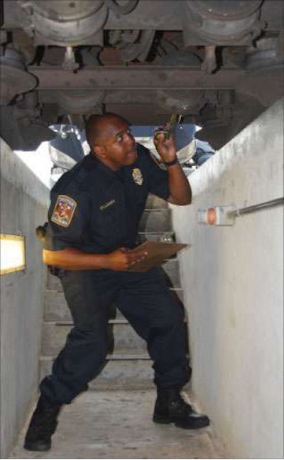 Like an inspector, you can measure brake stroke with a ruler. First make the position of the push rod right where it passes through the chamber wall. Position a tape measure with the 0 mark against the chamber wall. Then have someone apply the brakes with 90 - 100 psi. Finally, measure the distance the mark has moved.