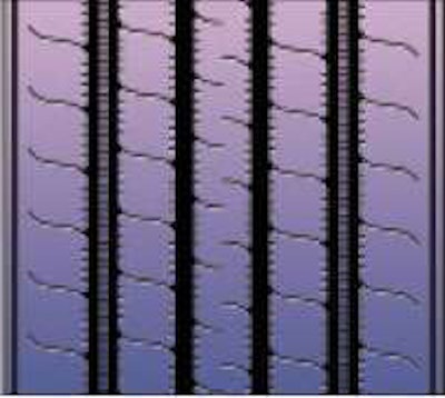 Bridgestone's R195F trailer uses cross-rip sipes to evacuate the water into the grooves for a solid grip on wet roads.