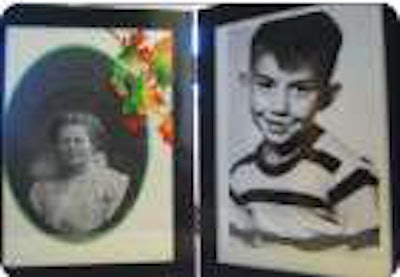 Mike Crawford in portrait next to a picture of a grandmother in the family.
