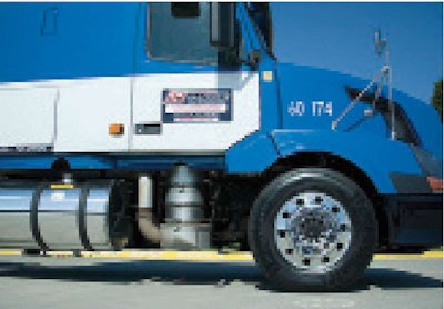 The compact Volvo and Mack DPF fits comfortably behind the step on the passenger side door.