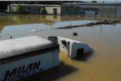 This is one of the trucks stranded when rains hit Nashville, Tenn., in May. The downtown TravelCenters of America might not reopen until this month.