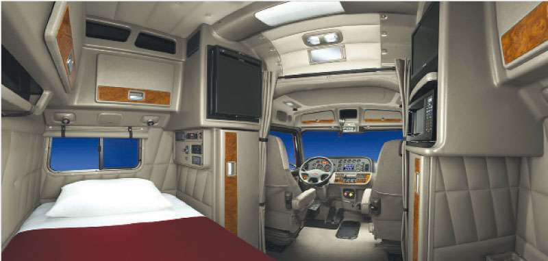 Though the daycab Peterbilt 384 is a popular option among city and other short-haul fleets, the model is available in raised- and low-roof Unibilt sleeper configurations with the platinum interior package pictured.