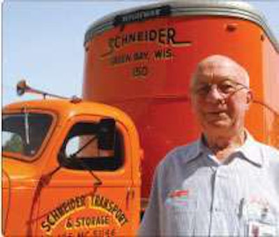 Retired driver Julius Borley, 85, was honored for his past service at Schneider National’s diamond anniversary celebration. Borley, a World War II infantryman, started with the company in 1948, when Schneider was a small intrastate hauler. He drove the company’s first interstate load in 1958 and continued to haul until he retired in 1990. Also recognized were retired drivers Bernie Watzka, Merlin Lardinois, Duane Livermore and Vern Johnson.