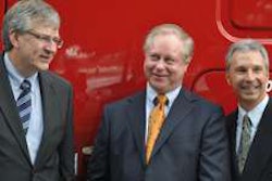 Pictured (left to right) are Martin Daum, president and CEO of Daimler Trucks North America; U.S. Xpress CEO Max Fuller; and Mark Lampert, senior vice president sales and marketing for DTNA.
