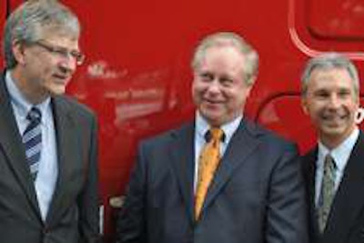Pictured (left to right) are Martin Daum, president and CEO of Daimler Trucks North America; U.S. Xpress CEO Max Fuller; and Mark Lampert, senior vice president sales and marketing for DTNA.
