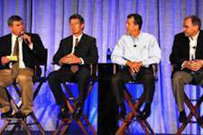 Future technology panelists were, from left, Jack Roberts, truck equipment editor for CCJ, Overdrive and Truckers News, Jeff Jones of Cummins, Craig Bennett of Utility Trailer and Ben Smith of Freightliner.