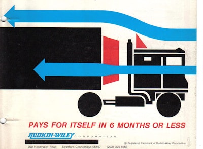 Another version of the Air-Shield combined a similar cab roof fairing with a device installed on the front of the trailer to guide air straight back from the cab and along the trailer sides.