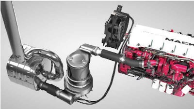 Mack’s DPF and SCR system is unusually compact, with a vertical DPF, a layout shared with Volvo on some models of either truck brand.