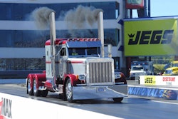James Hoffman, of Concord, N.C., takes his 1995 Peterbilt 379 down the zMax Dragway in Concord, N.C., at the 2010 Charlotte Diesel Super Show. He also entered the Pride & Polish Wash & Show contest.
