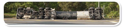 Tank haulers must watch their speed on curves to avoid situations such as this one, where a slight road grade makes a turn even more precarious.