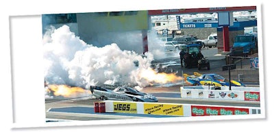 Two jet funny cars provided intermission entertainment for the crowd between qualifying rounds of the truck drags. Both funny cars ran the quarter-mile track in less than six seconds and topped speeds of 270 mph.