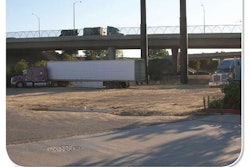 It’s not uncommon, especially in high-traffic lanes, to see trucks parked in odd places, such as these parked in a spot close to a motel and Highway 99 in Northern California.