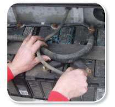 Battery grime should be cleaned periodically. Corroded connectors need to be cleaned with an abrasive material or special battery post cleaning tool. Resistance in these connections will reduce cranking power as well as prevent the batteries from being quickly charged after a cold start.