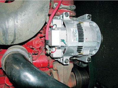 Wiring like the large, red, positive connection to the starter on the back of this alternator is just as important as the alternator, starter and batteries. Connections must be clean and tight. Cables must have low resistance.