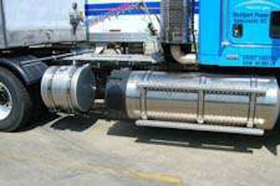 Truck equipped with liquefied natural gas tanks.