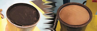 There’s much more to DPF cleaning than a thorough vacuuming of ash because carbon deposits often harden on the ceramic surface (left). Make sure the process you use guarantees complete removal of both ash and adhered deposits.