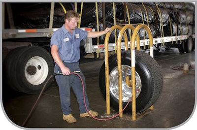 A simple cage like this will absorb the deadly force created if a tire blows apart during inflation.