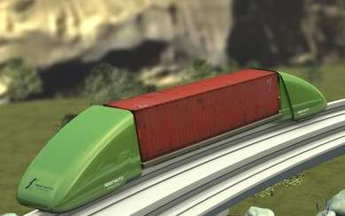 A rendering of Freight Shuttle International's electrically powered freight-carrying system, which Texas cities are looking at as an alternative to truck-carried freight. (Photo from Freight Shuttle&rsquo;s site.)