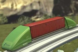 A rendering of Freight Shuttle International's electrically powered freight-carrying system, which Texas cities are looking at as an alternative to truck-carried freight. (Photo from Freight Shuttle’s site.)