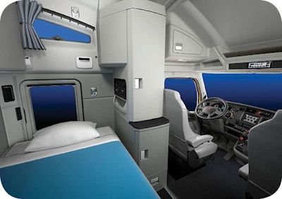 The T680’s new 76-in. sleeper is integrated with the truck’s cab. It’s 96 inches wide with a high ceiling, 60 cubic feet of storage and a full-height wardrobe cabinet.