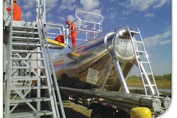 Kristin Stump says her typical day, if starting empty, begins with a run to a rail yard where sand is loaded into her pneumatic dry-bulk trailer. Driving small roads, typically, in West Virginia, she’s escorted to the well site, where sand is loaded into a storage bin. In a five-day work week, “I doubt if we do much more than 800 miles,” she says.