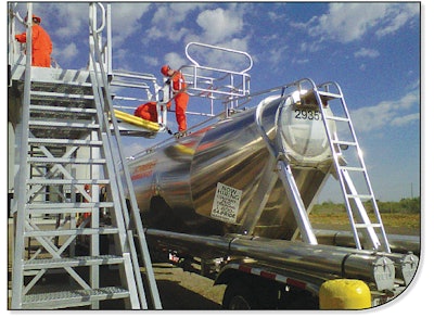 Kristin Stump says her typical day, if starting empty, begins with a run to a rail yard where sand is loaded into her pneumatic dry-bulk trailer. Driving small roads, typically, in West Virginia, she’s escorted to the well site, where sand is loaded into a storage bin. In a five-day work week, “I doubt if we do much more than 800 miles,” she says.