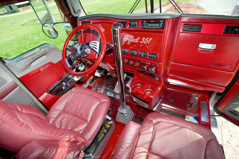 Most interior paneling in Project 351 is stainless steel, painted on the doors and elsewhere. &ldquo;The all stainless floor came out great,&rdquo; says Fischkelta, &ldquo;one of my favorite features on the interior, though the hardest to maintain.&rdquo; Since these pictures were taken, he&rsquo;s replaced the mirror brackets with custom versions made by 12 Gauge Customs specifically for a Kenworth daylight door.