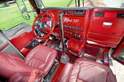 Most interior paneling in Project 351 is stainless steel, painted on the doors and elsewhere. “The all stainless floor came out great,” says Fischkelta, “one of my favorite features on the interior, though the hardest to maintain.” Since these pictures were taken, he’s replaced the mirror brackets with custom versions made by 12 Gauge Customs specifically for a Kenworth daylight door.