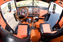 Chivington says the black and orange leather interior of the Old Rigger was upholstered by a company in Iowa that makes seats for airplanes. The truck’s cab also sports blanked-out sleeper windows, wood flooring and a 21-inch flat-screen TV.