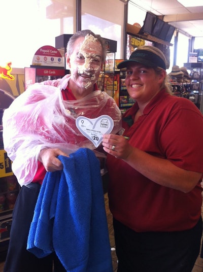 A Love’s Travel Stop in Oklahoma City ran a special fund-raising incentive that allowed any customer who bought a $20 donation heart to throw a pie in a Love’s employee’s face.