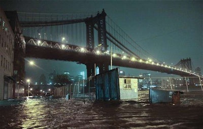 Photo from The Telegraph of flooding under the Manhattan Bridge in Brooklyn.