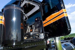 To outfit Triple One with suicide doors Beaudoin and co. had to move the daycab’s air cleaners forward a little. “Then we took the passenger and driver side doors and we cut the tops off the doors,” moving the passenger main panel to the driver side and vice versa. Poppers for door latches give the exterior a smooth, handle-less finish.