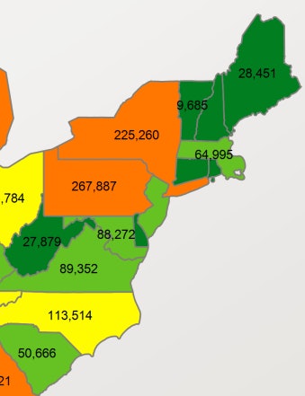 A map from truck history report site RigDig showing how many trucks are owned in the states affected by Hurricane Sandy.