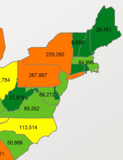 A map from truck history report site RigDig showing how many trucks are owned in the states affected by Hurricane Sandy.