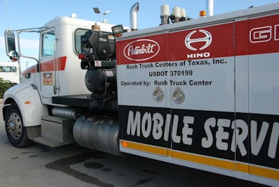 Rush’s San Antonio dealership started its mobile service truck business five or six years ago, but has expanded it to serve oil field clients. Of the 73 mechanics employed by the dealership, as many as 35 at a time have been devoted to the 24/7 mobile service, said Service Manager Fred Scott.