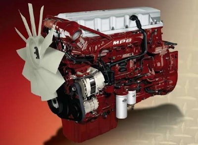 Mack’s 13-liter MP8 engine has a horsepower range from 415 to 505 hp and torque ratings from 1,460 to 1,760 lb.-ft. It’s 16-liter MP10 diesel has five specialized power ratings ranging from 515 to 605 horsepower.