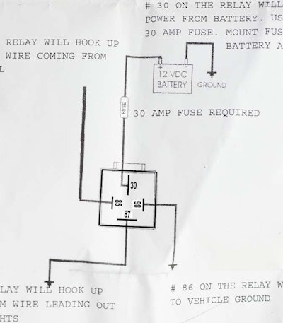 Follow the wiring diagram supplied with the relay kit. Relay pole 86 is ground; 87 is power from relay to high-beam on headlights; 85 connects high-beam switch to relay; and 30 connects to battery (or nearest 12-volt direct power point) using an inline 30A fuse.