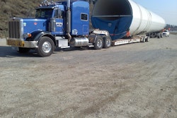 This middle section of a 300-foot-tall windmill tower was sent in by reader Paul Goldstein. It was hauled from San Diego, Calif., to Jawbone Canyon by the 2009 Peterbilt 367, powered by a 600-hp Cummins with an 18-speed transmission and two-speed rears. Load weight: 106,000 lbs.