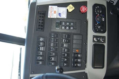 The center dash switch layout is ergonomic and logical, with frequently used switches — such as cruise control and the engine brake — on the left-hand side.