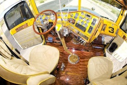 Rockwood Products custom-installed the African Rosewood flooring and fabricated the truck’s dashboard pieces, including the stainless-steel elements. Freightliner of Arizona airbrushed the truck’s interior and sleeper to mimic the floor, and Tino’s Upholstery specially fabricated the interior in light and dark brown suede.