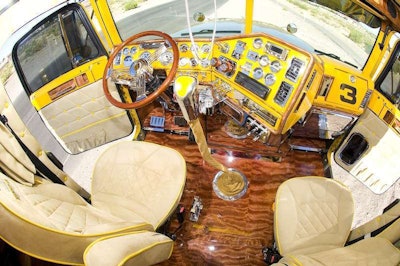 Rockwood Products custom-installed the African Rosewood flooring and fabricated the truck’s dashboard pieces, including the stainless-steel elements. Freightliner of Arizona airbrushed the truck’s interior and sleeper to mimic the floor, and Tino’s Upholstery specially fabricated the interior in light and dark brown suede.