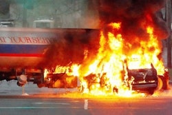 A police chase ended when this allegedly stolen SUV struck a tanker truck. (Photo courtesy of Zeke Vlashi)