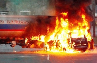 A police chase ended when this allegedly stolen SUV struck a tanker truck. (Photo courtesy of Zeke Vlashi)