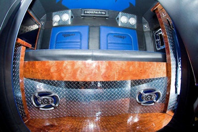 Because all of the tow work done with the truck is basically out and back, Schultz turned the sleeper into an entertainment center with a 26-inch television, custom-built speaker boxes, three amps, 12 speakers and a 15-inch subwoofer.