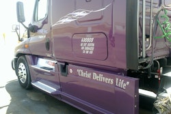 Letter writer Bob Sauter’s third truck leased with Prime Inc. is this purple 2013 Freightliner Cascadia, lettered in part with the message of the pastor’s Sunday call-in CDL Drivers Church of Delivery. Read more about it here.