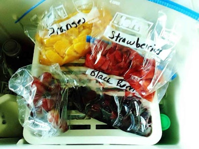 Overdrive George and Wendy Show blogger Wendy Parker rides frequently with her owner-operator husband, George. This picture shows a few of the baggies of cut fruits and veggies she commonly prepares for the truck’s cooler before the pair sets off.