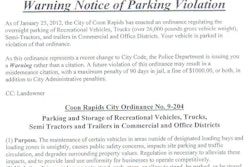 Click through this image for a larger version of the actual warning issued to violators of Coon Rapids’ parking ordinance, posted on owner-operator Jason Haggard’s website and including the ordinance’s language.