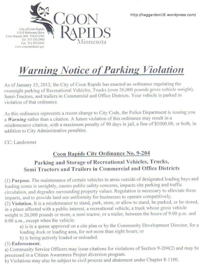 Click through this image for a larger version of the actual warning issued to violators of Coon Rapids’ parking ordinance, posted on owner-operator Jason Haggard’s website and including the ordinance’s language.