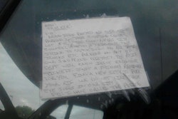 This photo was posted by driver Steven Weber to Facebook after he saw it on the window of a truck parked next to him in Coon Rapids, Minn. Click through it for a larger version on Facebook to read it.