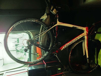 Almendarez says Prime’s been accommodating when it comes to many aspects of encouraging fitness on the highway — he was able to remove the passenger seat in his company tractor to fit his sweet Wilier road bike, back tire here shown resting on the bungee’d microwave, sitting more or less where the seat had been. The front tire, he says, comes close to the back of the bunk but leaves plenty of room for sleeping.